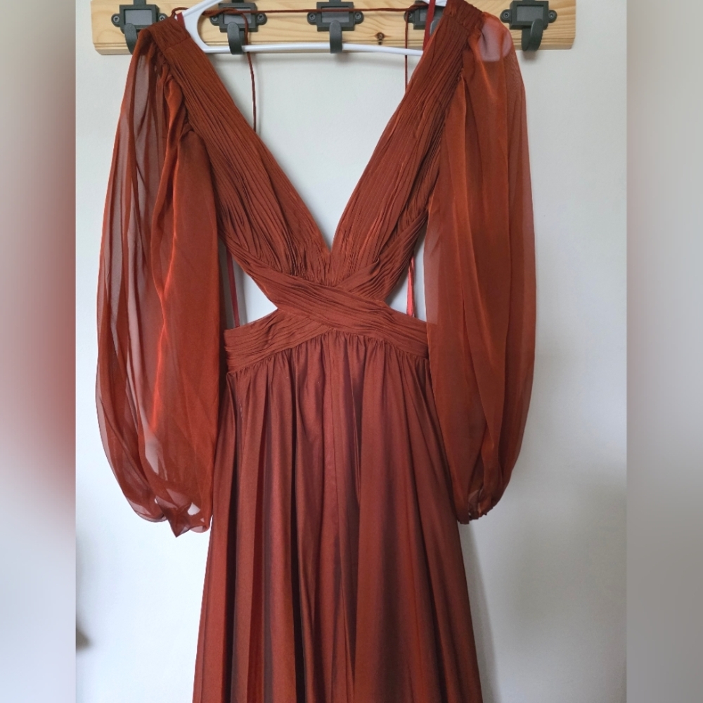 Mac Duggal 67948 Copper Criss Cross Waist Bishop Sleeve Dress Sz. 2 - Picture 3 of 12